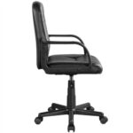 A black leather office chair on a white background.