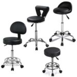 Four black stools on a white background.