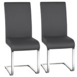 A pair of grey dining chairs with chrome legs.