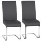 A pair of grey dining chairs with chrome legs.