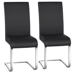 A pair of black leather dining chairs on a white background.