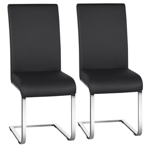 A pair of black leather dining chairs on a white background.
