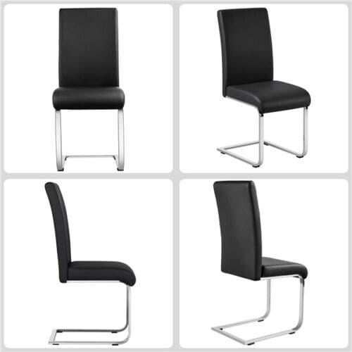 Four black leather dining chairs with chrome legs.