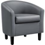 A gray leather chair with black legs.