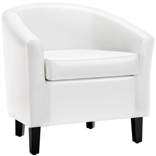 A white leather chair with black legs.