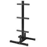 A black, vertical barbell plate rack with six horizontal holding pegs.