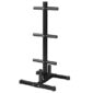 A black, vertical barbell plate rack with six horizontal holding pegs.