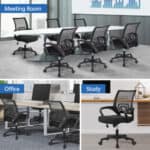 Office chairs displayed in different settings: a meeting room, office, and study area.