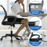 Woman seated at a desk on an ergonomic office chair with highlighted features: breathable backrest, soft cushion, and ergonomic armrest.