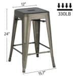 Metal industrial-style counter stool with dimensions: seat width 12 inches, stool height 24 inches, base width 15.7 inches, with a weight capacity of 330 pounds.