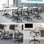 Modern office chairs arranged around conference tables in various settings.