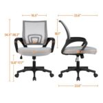 Ergonomic office chair dimensions detailed from multiple angles.