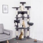 Two cats playing on a multi-level cat tree beside a sofa, with toys scattered on the floor.