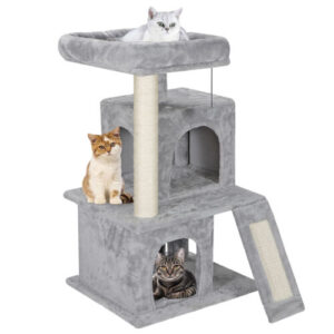 Three cats relaxing on a multi-level cat tree with scratching posts and resting areas.
