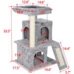 Dimensions of a multi-level cat tree with measurements for each section.