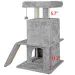 Two-level gray cat tree with measurements indicating the height of platforms at 5.7" and 11.7".