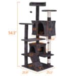 Multi-level cat tree with various platforms and measurements displayed.