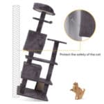 Sturdy cat tree with anti-tip anchor for safety, illustrated by a cat playing near it.