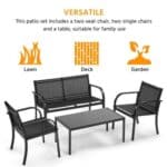 A versatile patio furniture set featuring a bench, two chairs, and a table, ideal for placement on a lawn, deck, or garden.