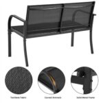 Outdoor metal bench with textilene fabric, curved armrests, and a solid metal frame highlighted in detail insets.