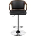 Modern adjustable bar stool with black upholstery and wooden armrests.