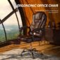 An ergonomic office chair advertised for comfort, placed in a room with a scenic view through a large window.