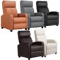 A collection of leather recliner chairs in various colors.