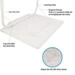 Annotated diagram showing the assembly features of a white plastic table, including leg tube joints, a latching support swing, and an adjustable tilt mechanism.