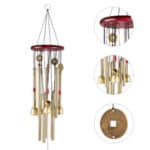 Wind chime with metal rods, red details, and decorative elements, shown from different angles.