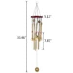 A wind chime with dimensions: total height of 33.46 inches, top width of 5.12 inches, and a disk width of 7.87 inches.