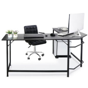 Modern office desk with a black chair, computer, and office supplies.