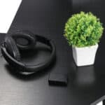 Wireless headphones and a usb dongle next to a potted plant on a black surface.