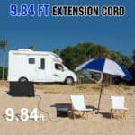 A 9.84-foot extension cord advertised with outdoor leisure setup including an rv, umbrella, and chairs on a sunny day.