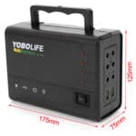 Portable power station with multiple outlets and a handle, indicating dimensions.