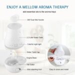 An infographic showcasing the features of an aromatherapy diffuser, including a 360-degree dual mist nozzle, a 2.2-liter water tank, colorful night light, and easy cleaning and installation.