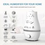 Modern and stylish white humidifier with multiple features including a 2.2-liter tank, adjustable mist, and colorful night light.