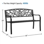 Black metal outdoor bench with ornamental backrest and dimensions labeled, stating a maximum weight capacity of 400 lb.