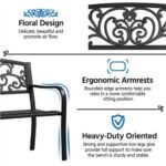 Illustration highlighting features of a metal bench: floral design, ergonomic armrests, and heavy-duty construction for support and stability.