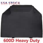 Black heavy-duty outdoor grill cover marked as "usa stock" and "600d heavy duty".