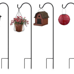 A set of four metal garden stakes with a flower pot and a birdhouse.
