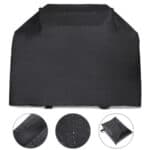 Waterproof grill cover with close-up views of the material and storage pouch.