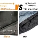 Comparison of durable 600d polyester with pvc coating versus thin material emphasizing thickness and quality.