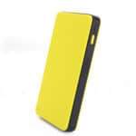 Yellow smartphone with a protective case standing upright against a white background.