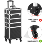 A black and silver suitcase with wheels.