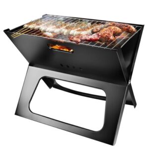 A black barbecue grill with meat on it.