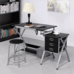 A desk with a lamp on top.