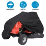 A black lawn mower cover with four different features.