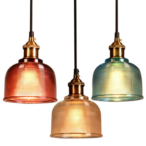 Three colored glass pendant lights hanging on a white background.
