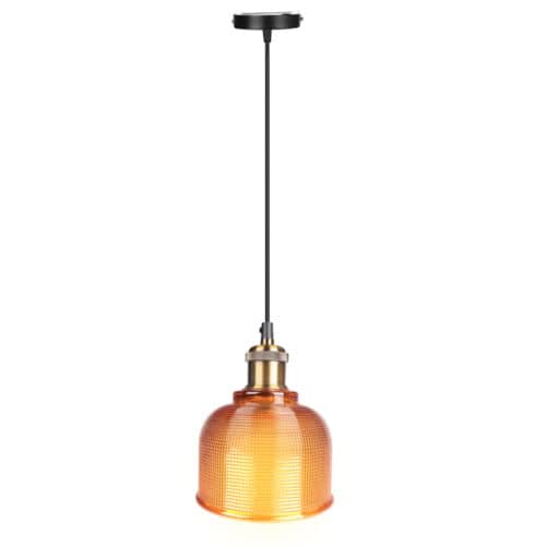 An orange glass pendant light hanging on a white background.