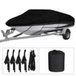 A black boat cover with a trailer and accessories.